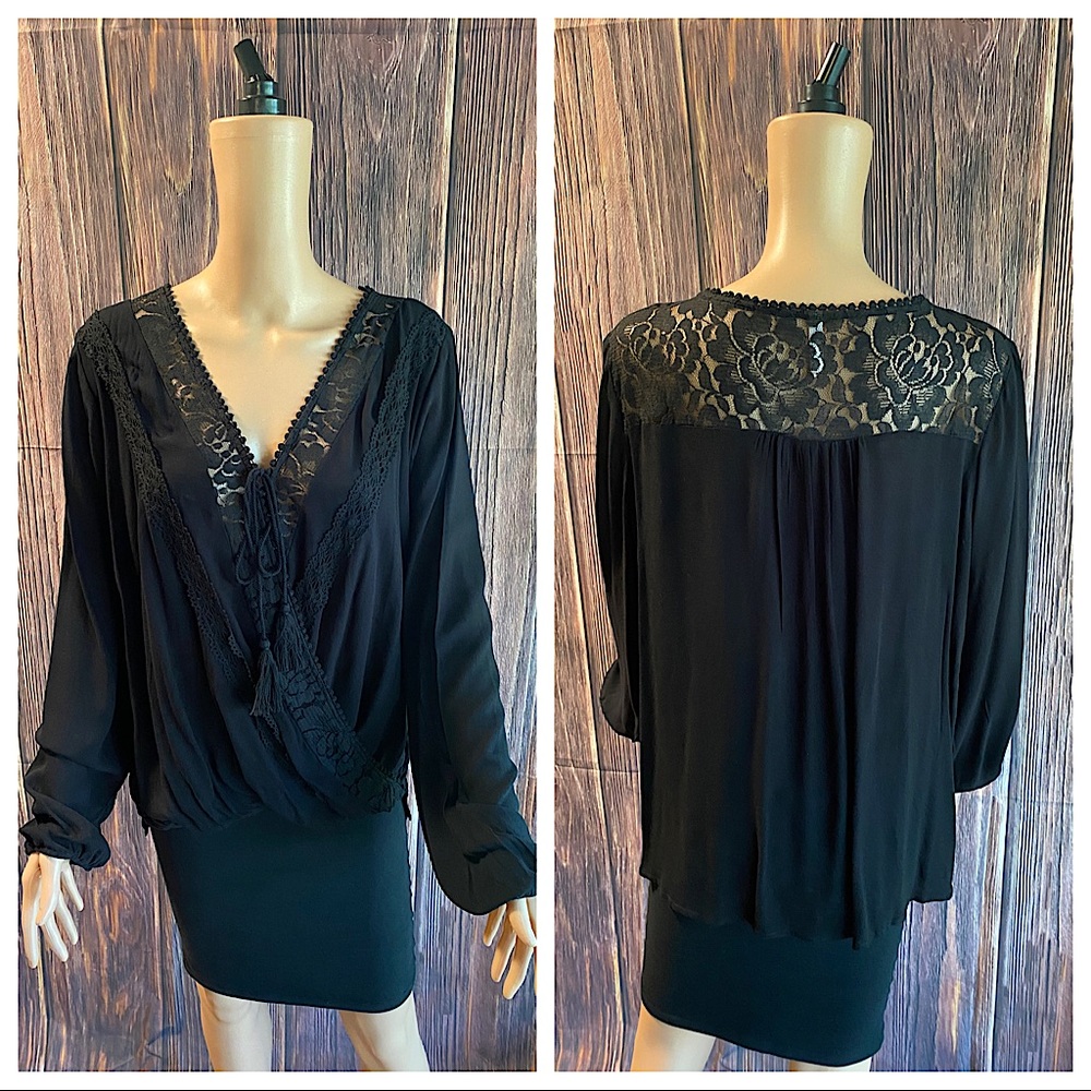 Xhilaration size XXL black floral lace boho flowy long sleeve peasant top